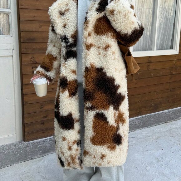 Multicolor Casual Women's Cow Print Faux Fur Jacket - Picture 6 of 6